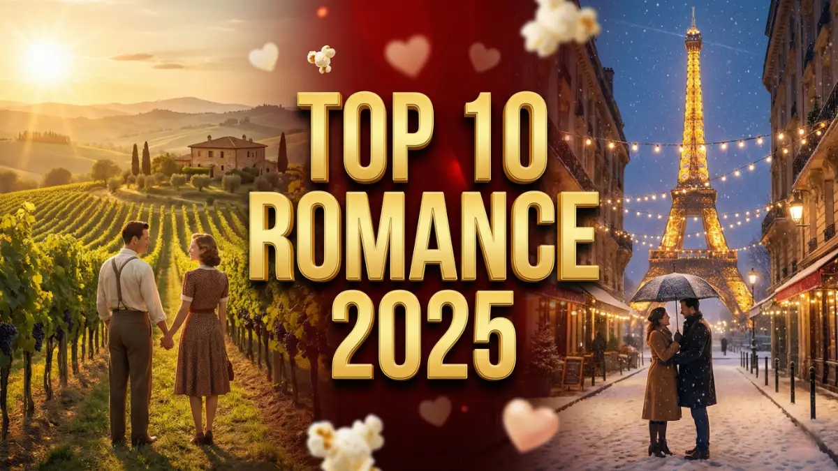 Collage of romantic movie scenes from 2025 Netflix releases with text Top 10 Romance 2025.