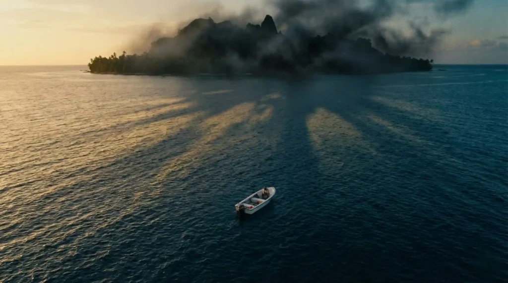 A small boat drifting towards a dangerous zombie-infested island in Dawn of the Dead 2004.