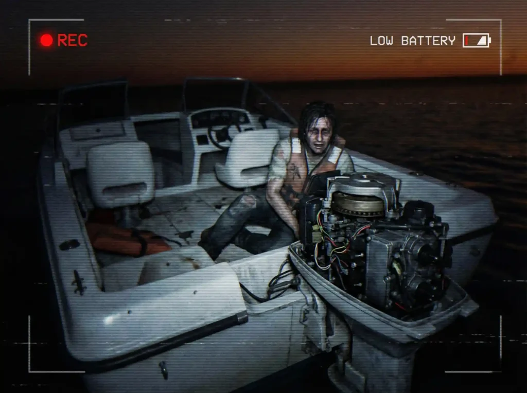 Grainy found footage from a camcorder showing panicked survivors on a boat with a low battery warning.