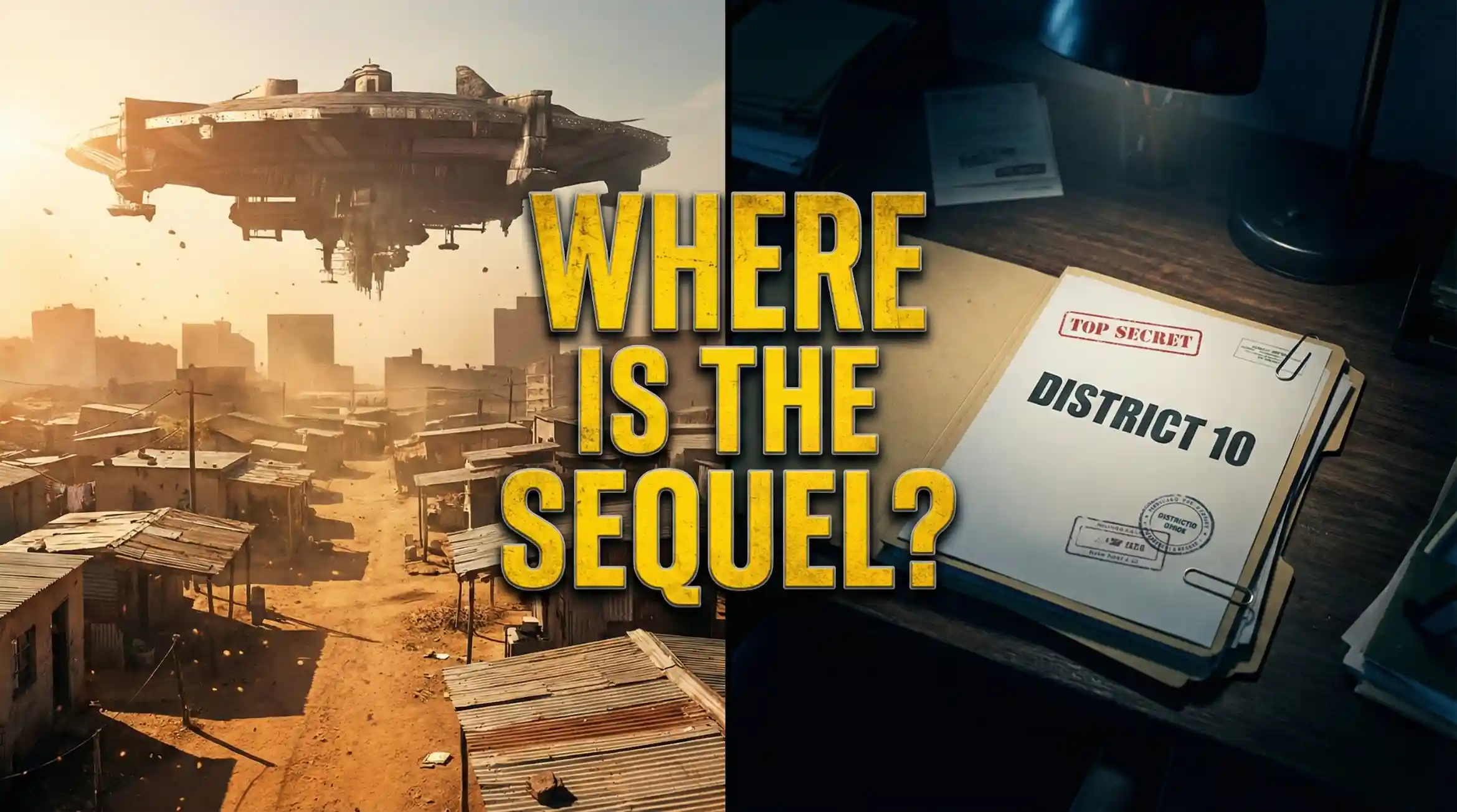 District 10 update movie poster concept showing the alien mothership and a script draft.