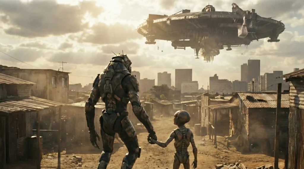 Christopher Johnson and his son looking at the mothership, promising to return for District 10.