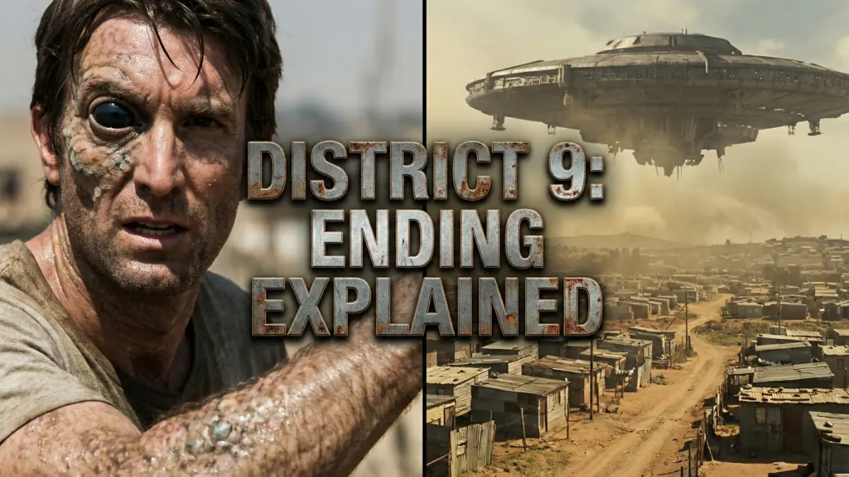 District 9 ending explained featuring Wikus transforming into a prawn and the alien mothership over Johannesburg