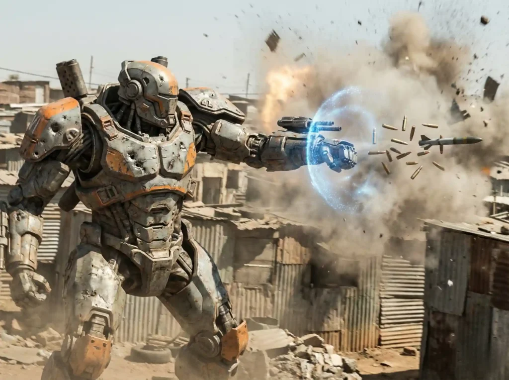 The alien mech suit in District 9 catching projectiles during the final battle in the slums