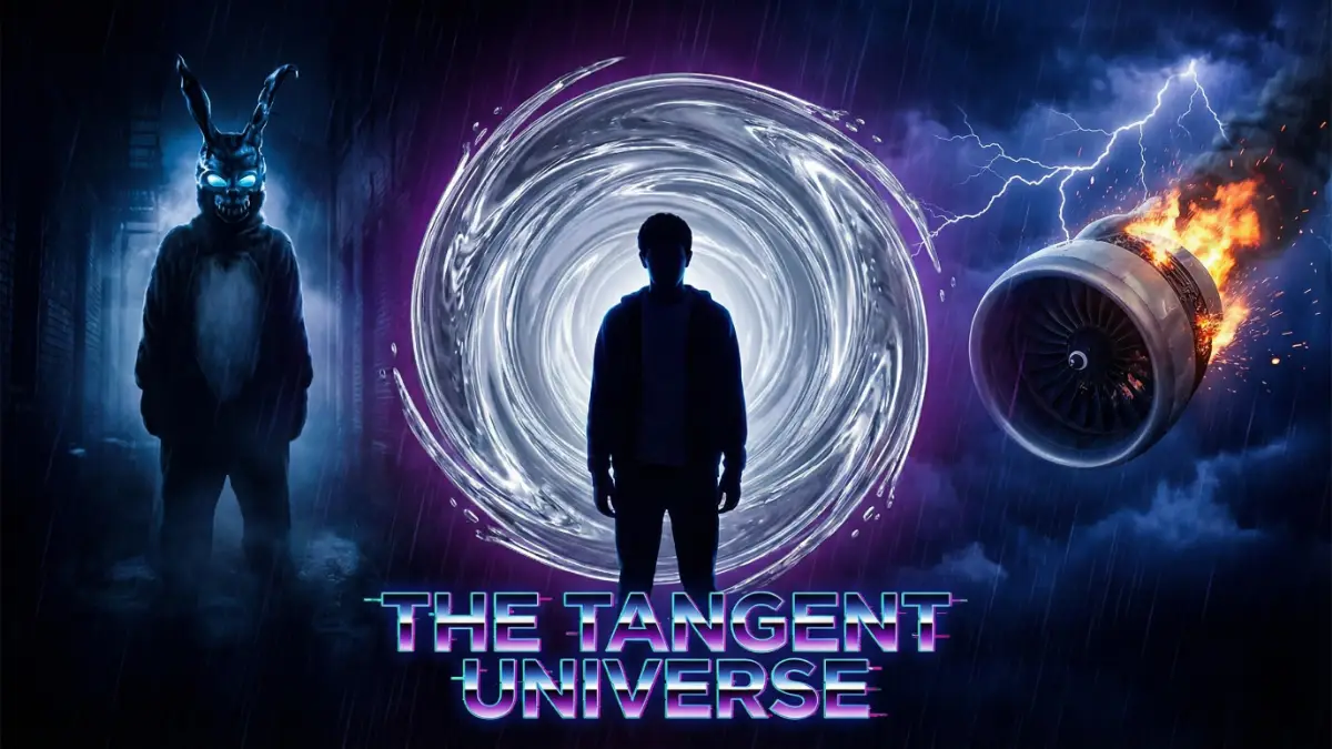 Donnie Darko standing in front of a time travel wormhole with Frank the Rabbit and a falling jet engine.