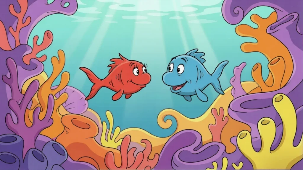 Red Fish and Blue Fish floating peacefully side-by-side in a colorful coral reef in Netflix Season 2.