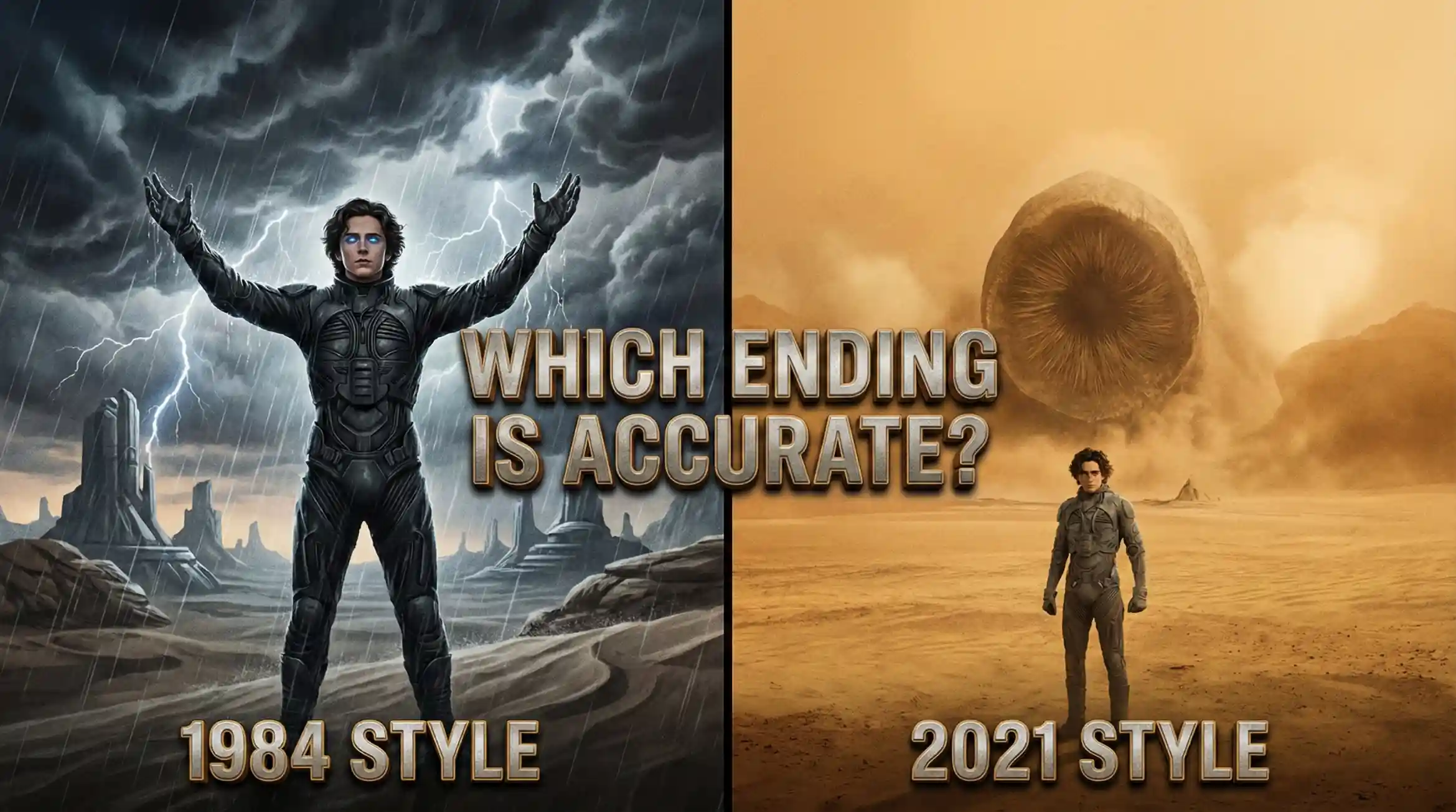 Split screen comparison showing David Lynch's 1984 Dune rain ending versus Denis Villeneuve's 2021 desert cliffhanger ending.