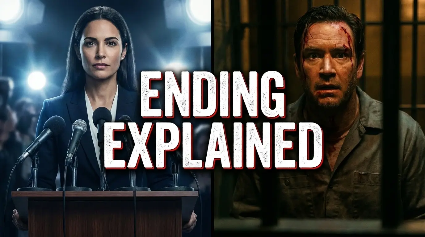 Gabi Mosely at press conference and Sir injured in prison cell during Found Season 2 ending.