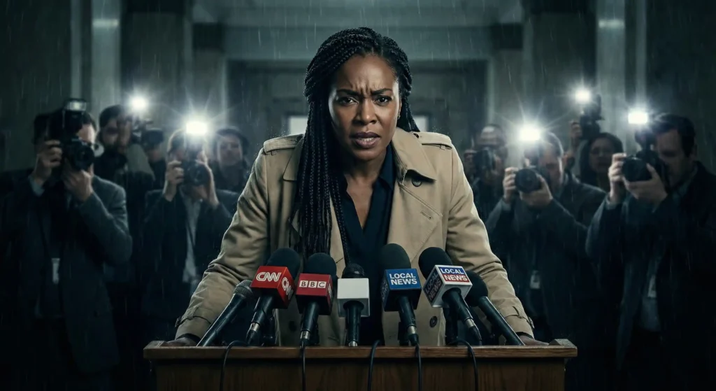 Gabi Mosely standing at a podium with microphones, confessing to the press in the Found Season 2 finale.
