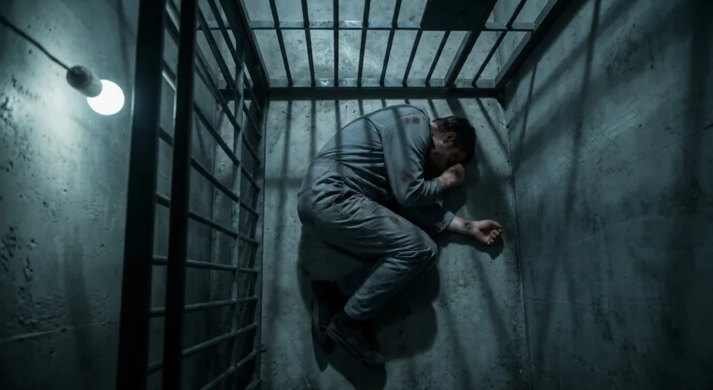 Sir (Hugh Evans) lying unconscious on the prison cell floor after being attacked in Found Season 2 ending.