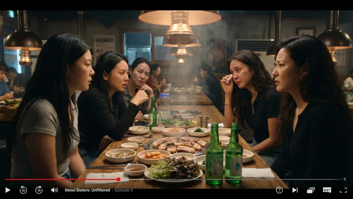 The cast of My Korean Boyfriend discussing their relationship struggles over soju and dinner in Seoul.