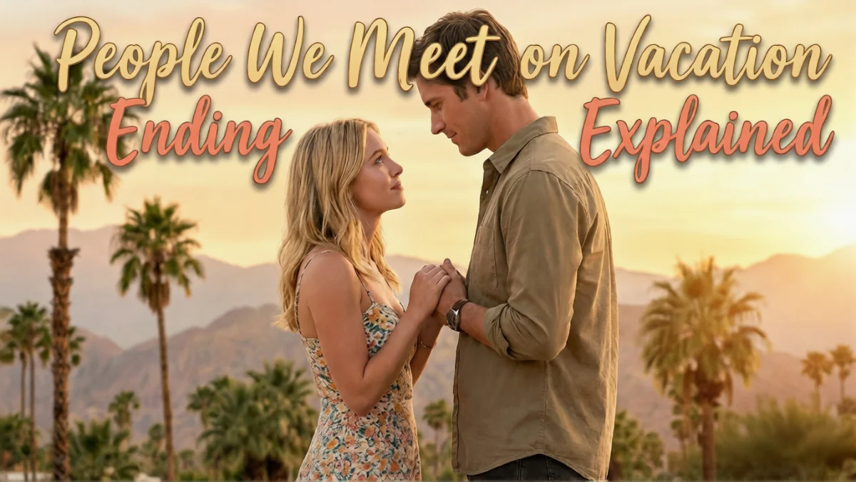 Poppy and Alex sharing an emotional moment in People We Meet on Vacation Netflix movie ending