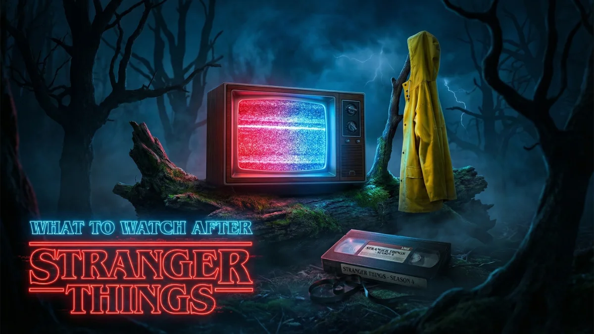 Vintage TV with neon lights and text saying What To Watch After Stranger Things featuring sci-fi elements.