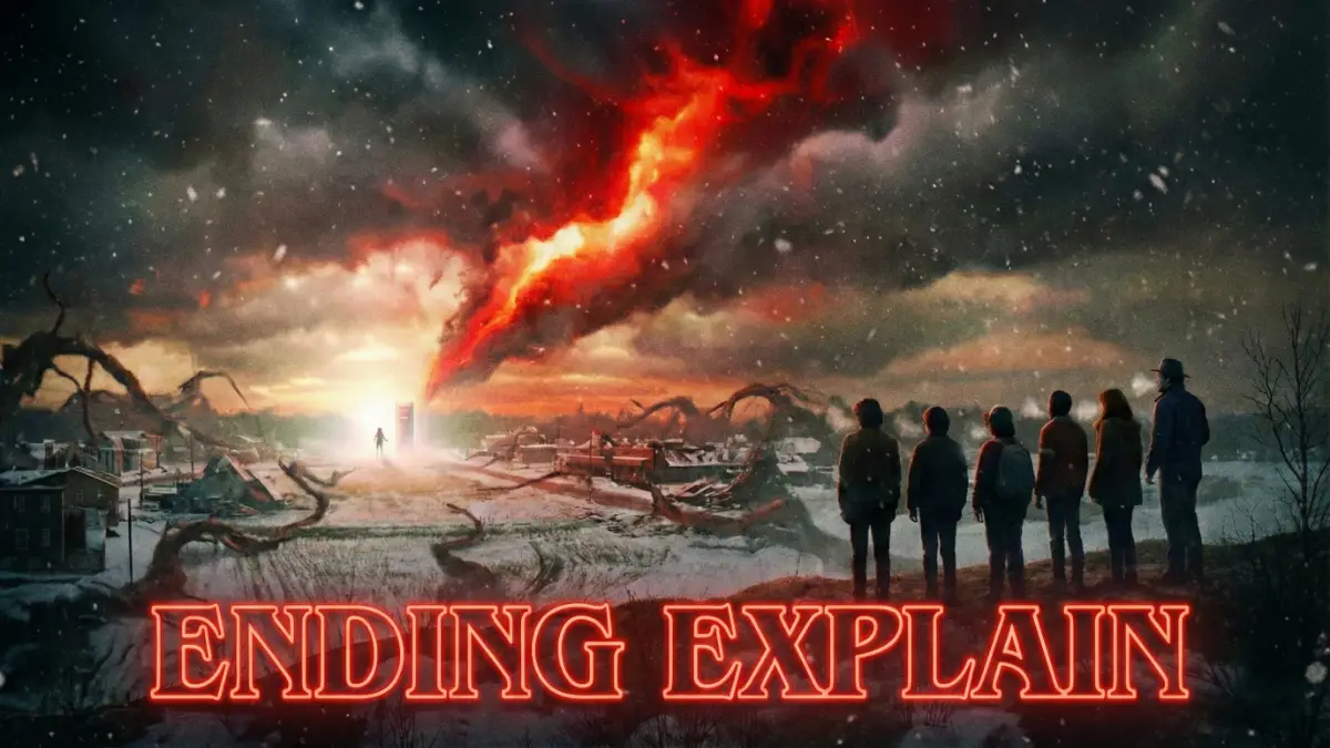 Stranger Things Season 5 finale battle scene showing Eleven closing the rift in Hawkins while Mike and Will watch, representing the ending explained.