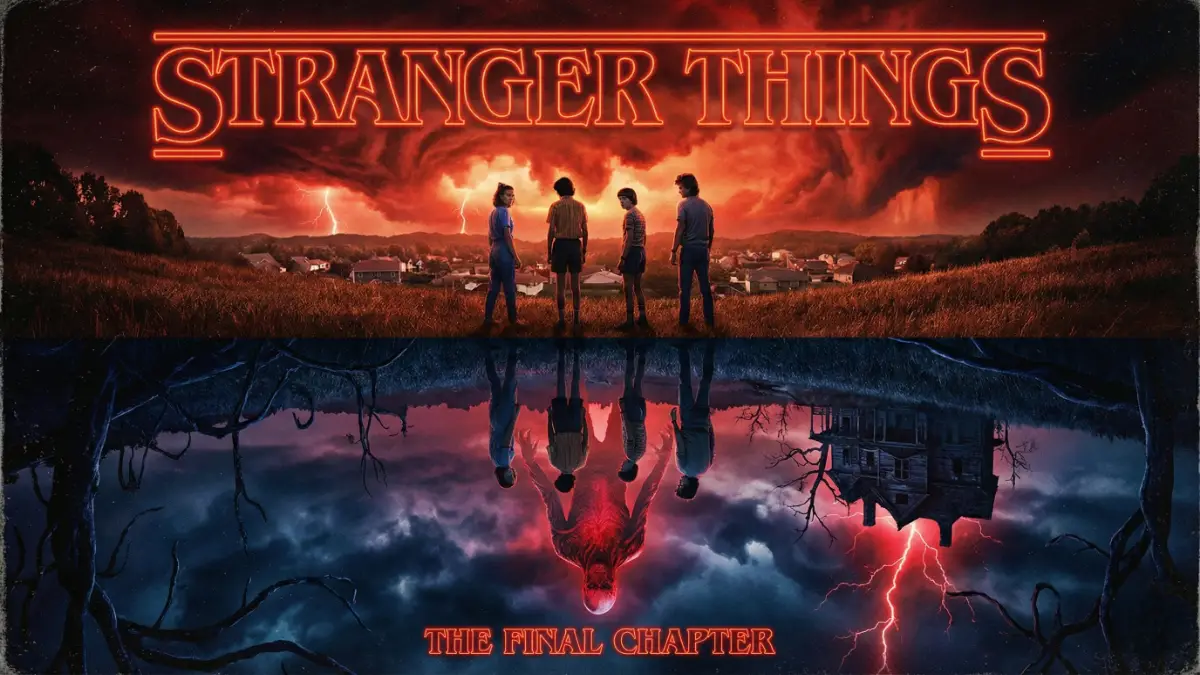 Stranger Things Season 5 cast standing before a red storm in Hawkins with Vecna looming in the Upside Down reflection.
