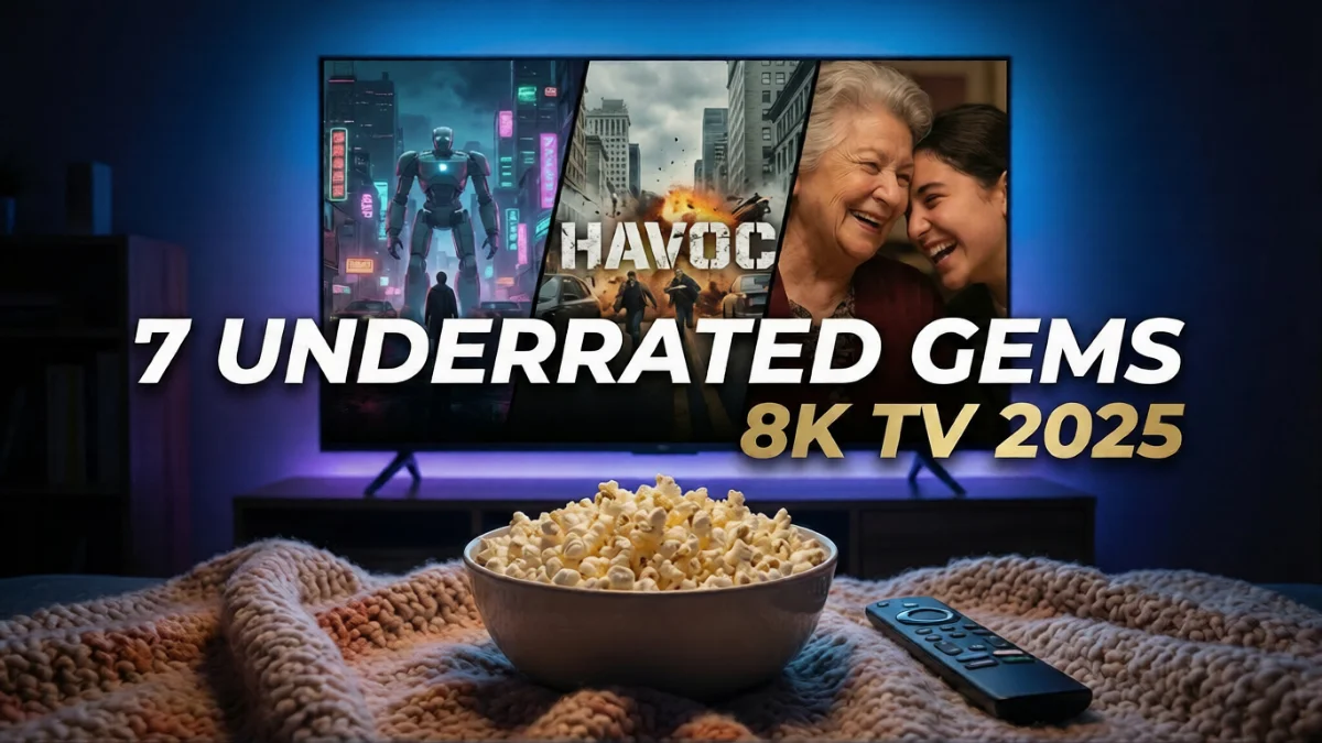 7 Underrated Netflix Gems 2025 text over a collage of movie genres on a TV screen.