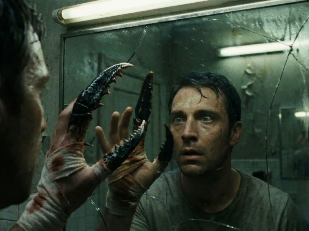 Wikus van de Merwe looking terrified at his mutated alien claw hand in a dirty bathroom mirror