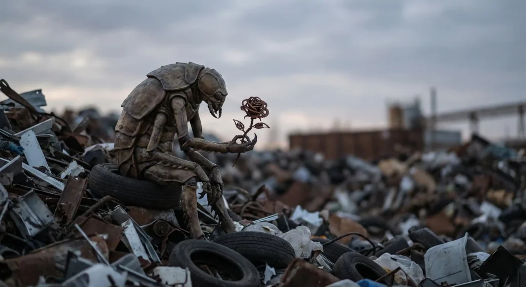 Fully transformed Wikus as a prawn alien holding a handcrafted metal flower in the junkyard