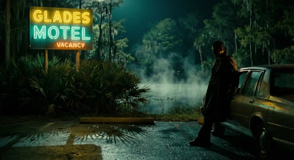 Atmospheric Florida swamp setting at night depicting the Swamp Noir aesthetic of the movie Wild Things